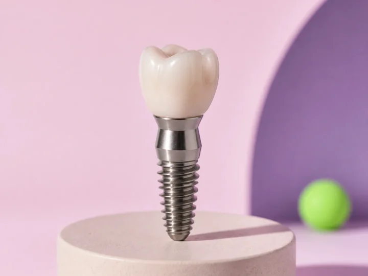 Close up of a single dental implant crown among natural teeth