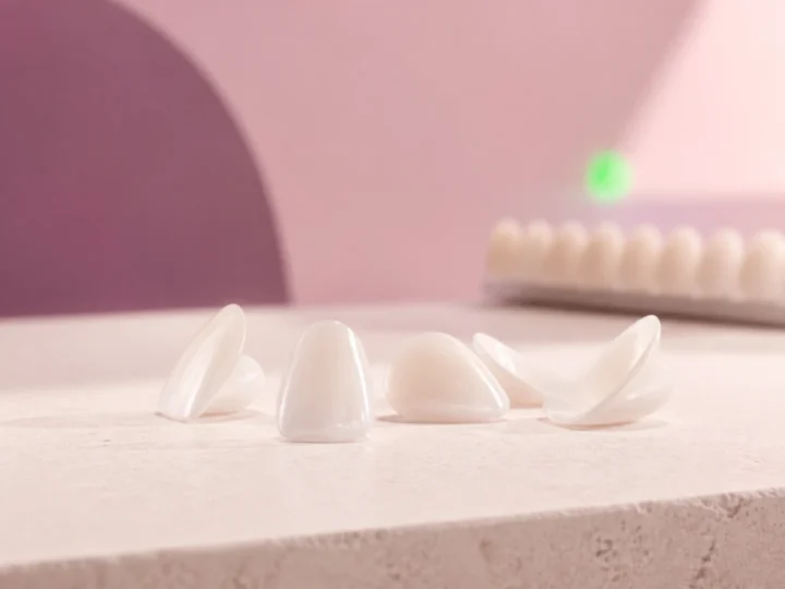 Smile with porcelain veneers on the upper front teeth